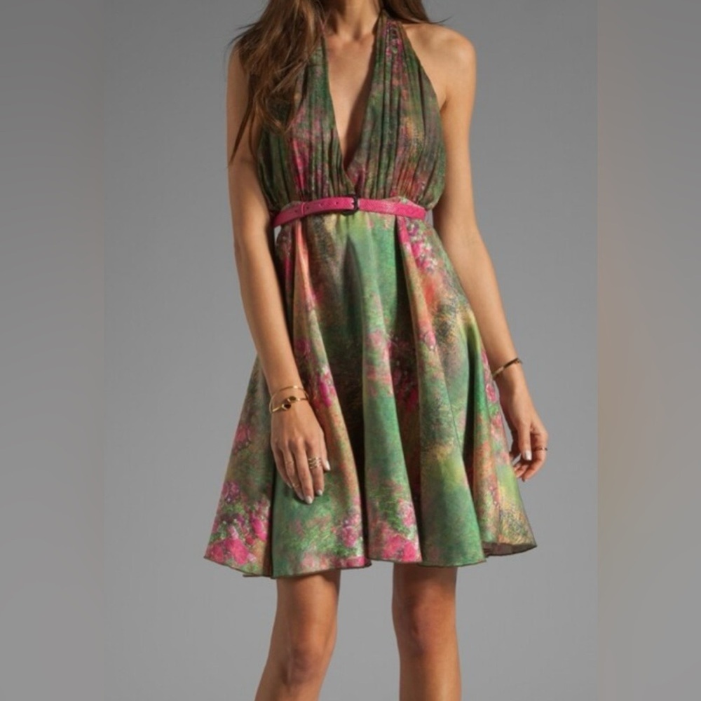 Alice + Olivia Green & Pink Halter Fit-and-Flare Dress